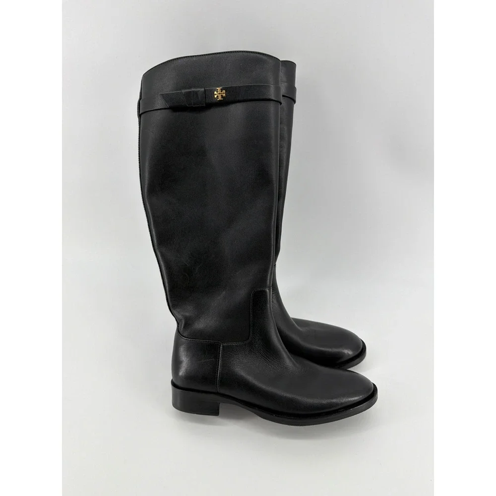 Tory Burch Black Leather Tall Riding‎ Boots Gold Logo Buckle 6W 139174